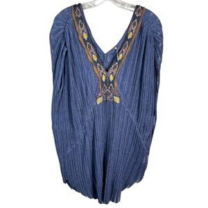 Free People Blue Sleeveless Relaxed Fit Gauze Pleated Beaded Tunic Top XS Beach
